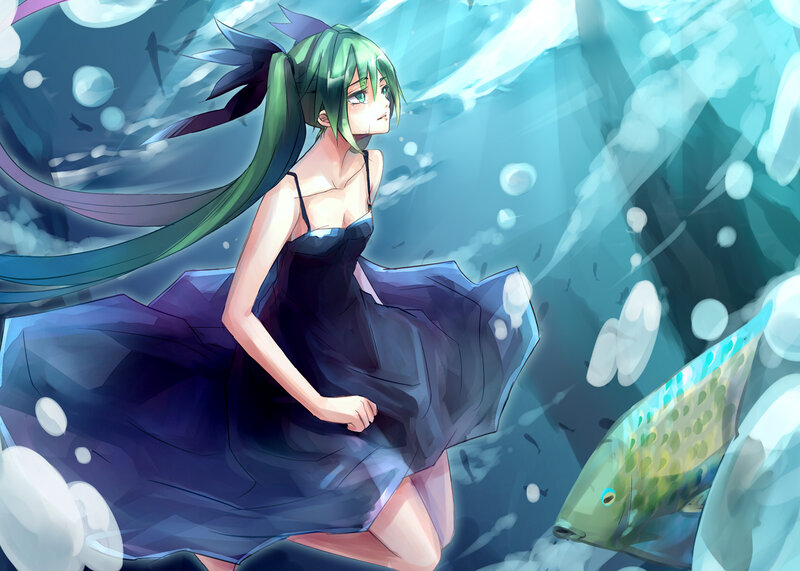 Green-haired Girl Underwater — Blue, Serene