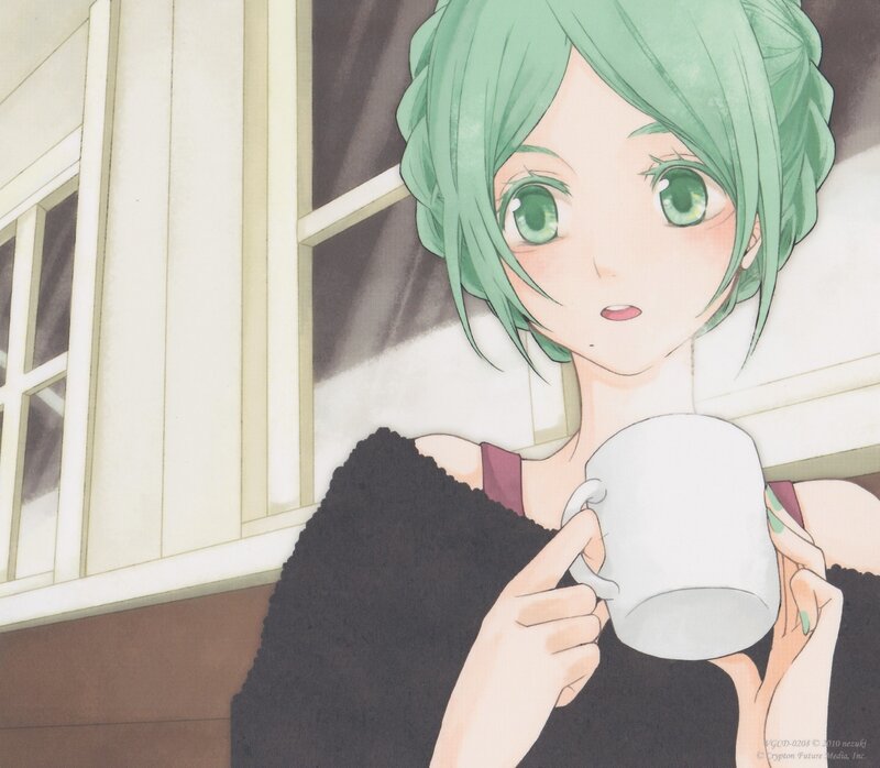 green-haired girl with a mug