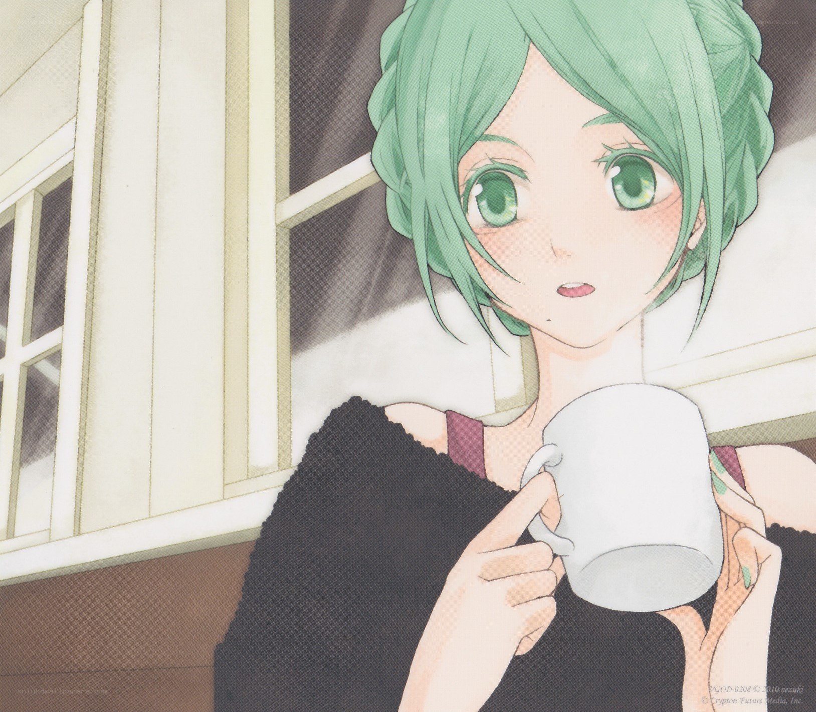 green-haired girl with a mug