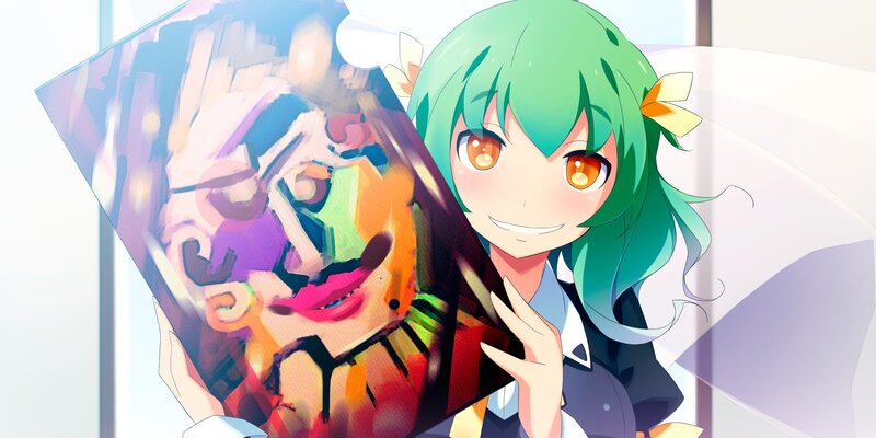 green-haired girl with artwork