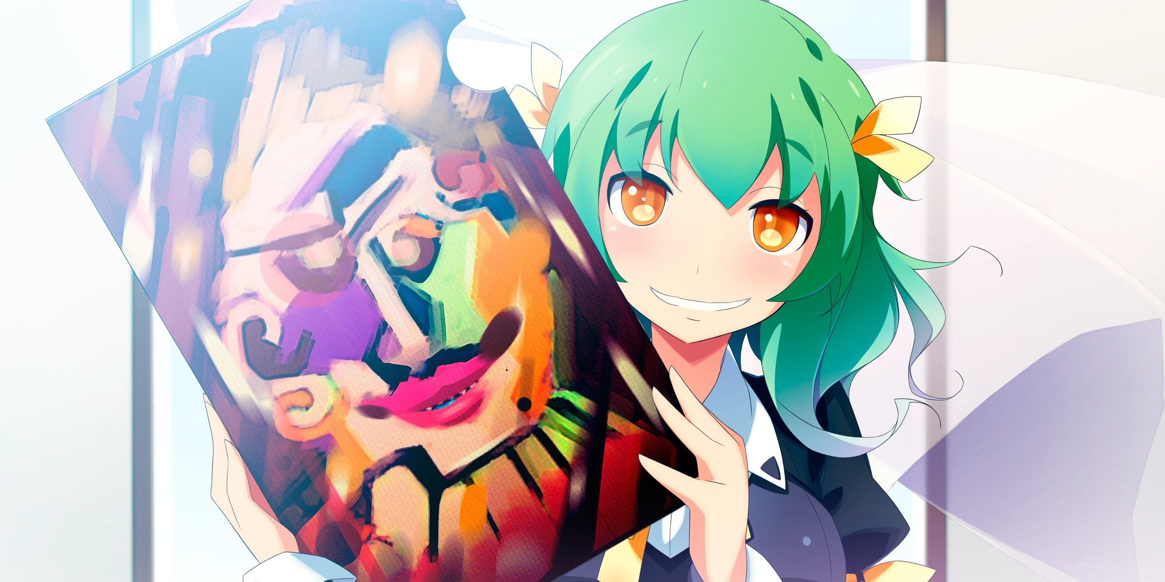 green-haired girl with artwork