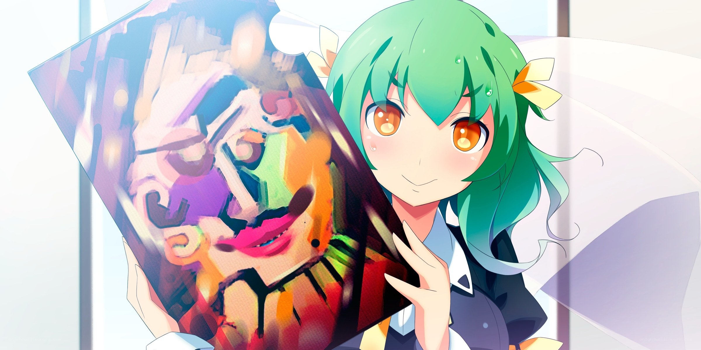Green-haired girl with artwork