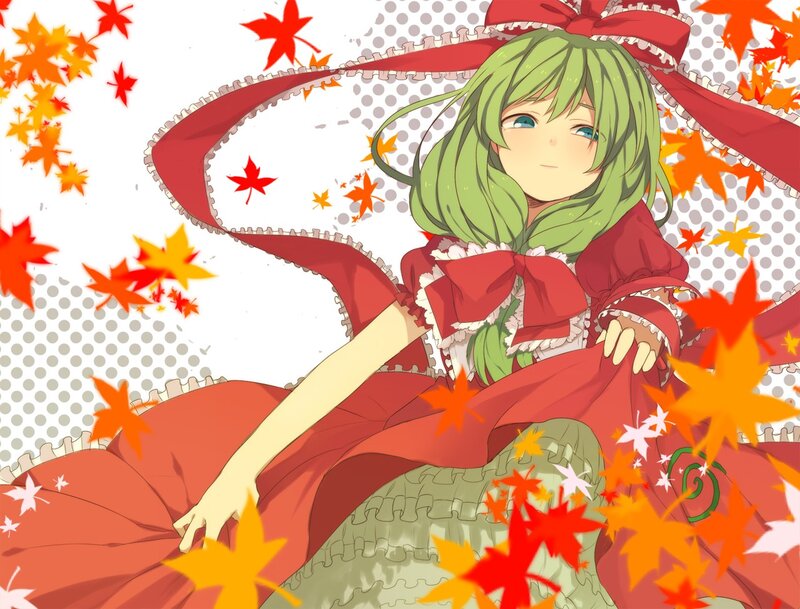 green-haired girl with autumn leaves