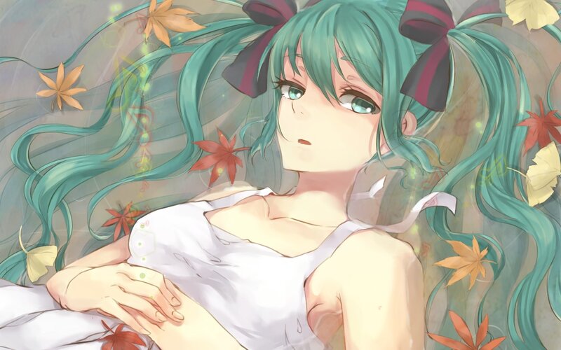green-haired girl with autumn leaves