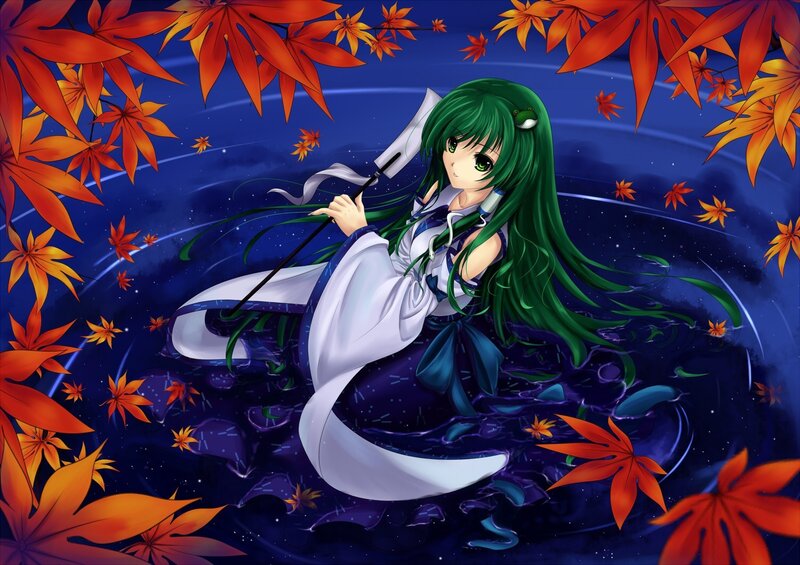 Green-haired girl with autumn leaves