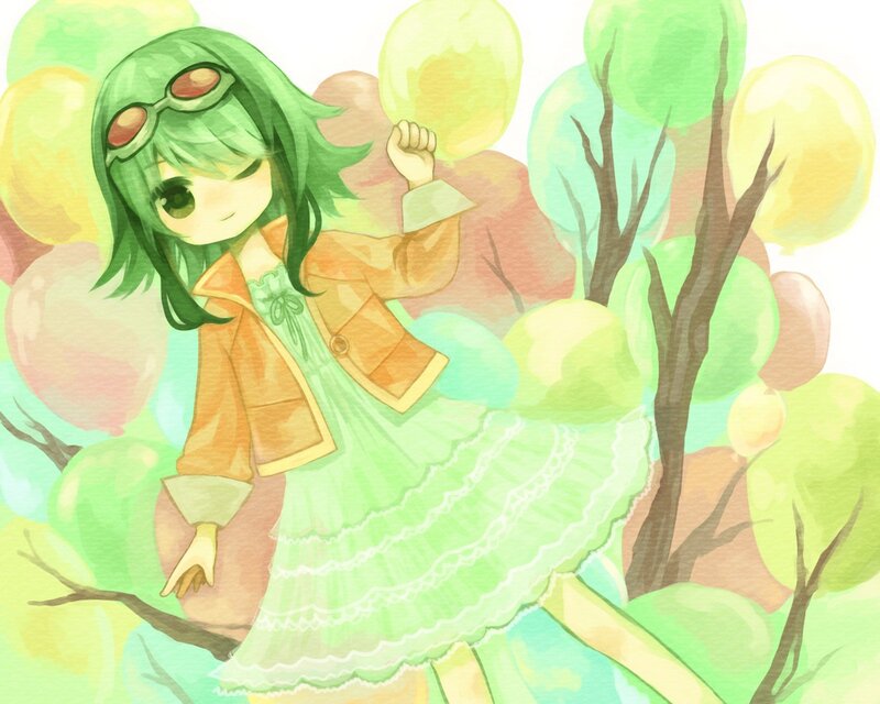 green-haired girl with balloons