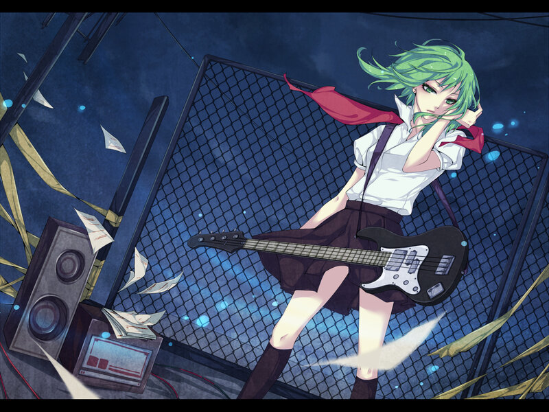 green-haired girl with bass guitar