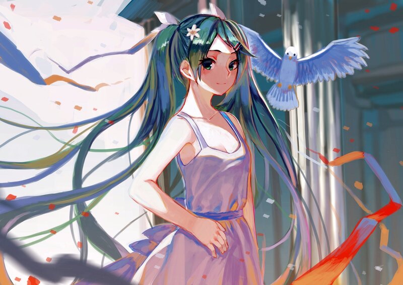 Green-haired Girl with Bird — Blue
