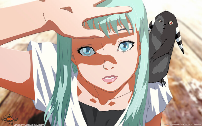 Green-haired Girl with Bird — Green, Calm, Anime, Hand Gesture