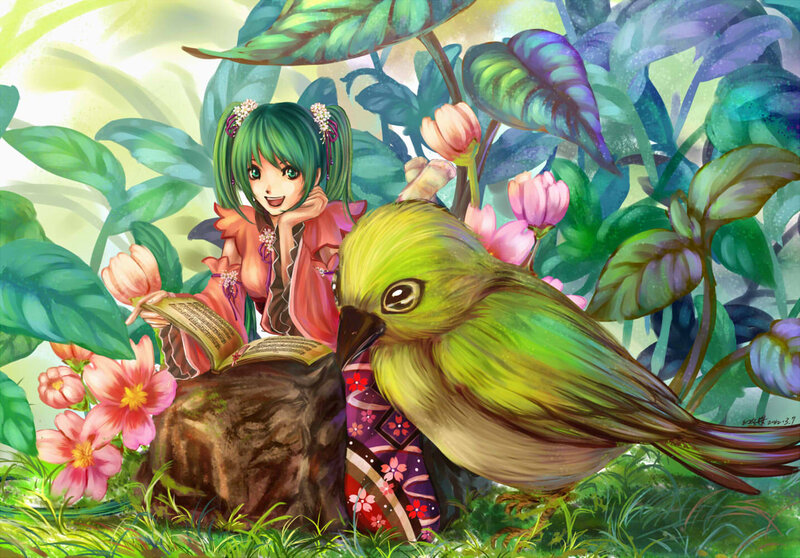 Green-haired Girl with Bird — Green, Serene