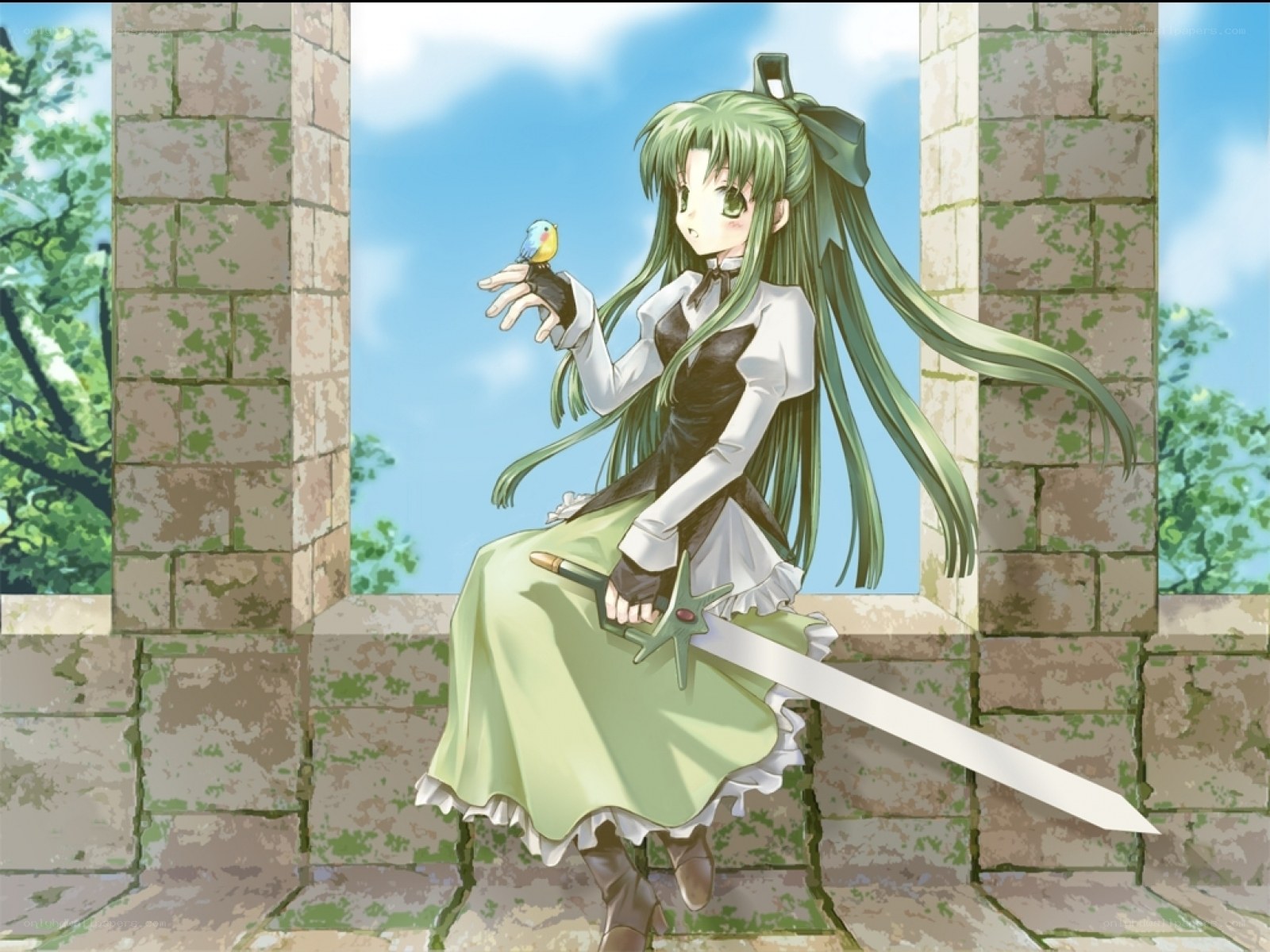 green-haired girl with bird