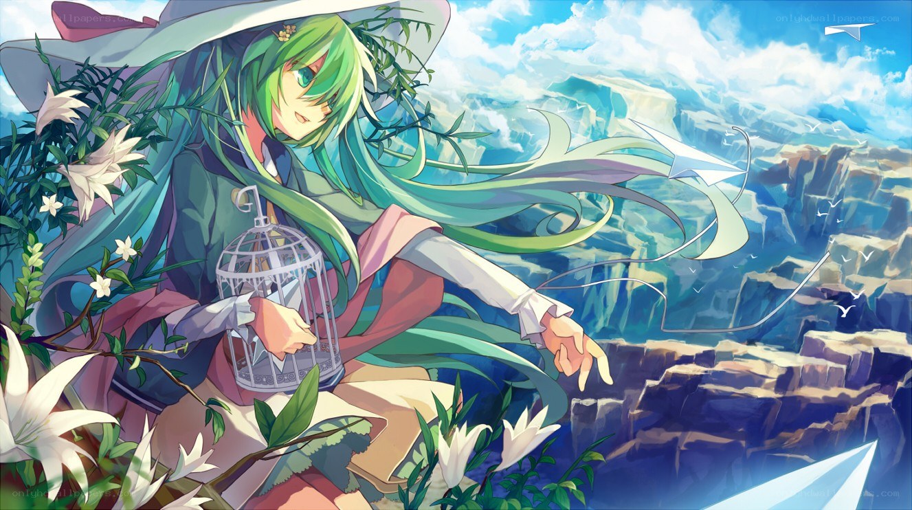 green-haired girl with birdcage
