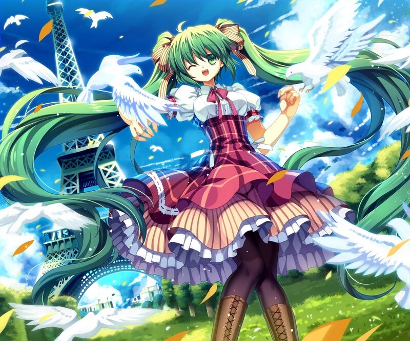 green-haired girl with birds