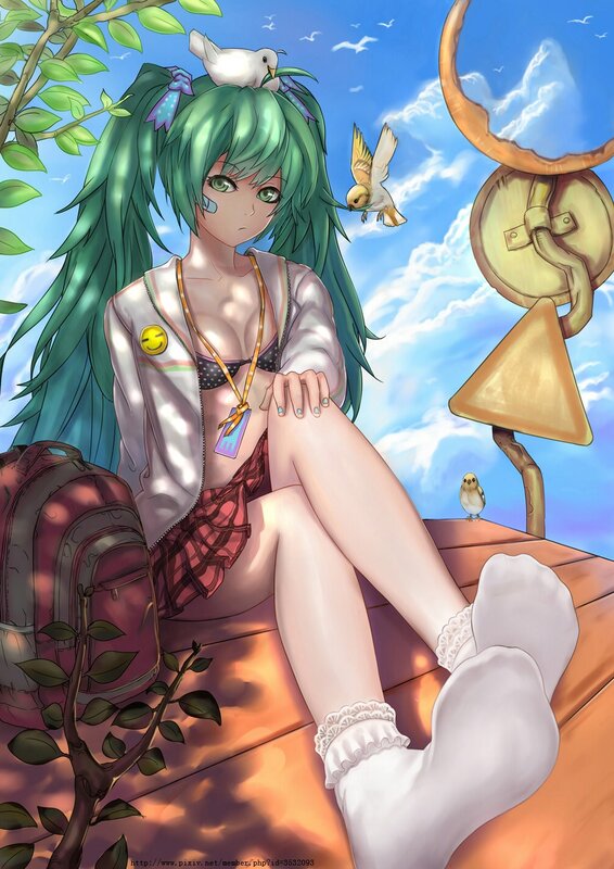 green-haired girl with birds