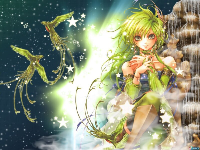 green-haired girl with birds