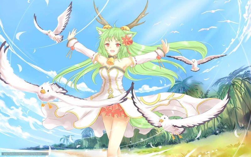 Green-haired Girl with Birds — Blue, Serene, Afternoon, Anime