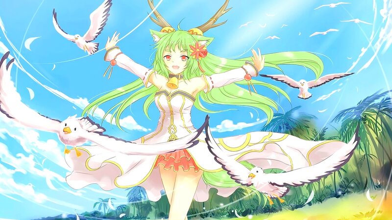 Green-haired Girl with Birds — Blue, Serene