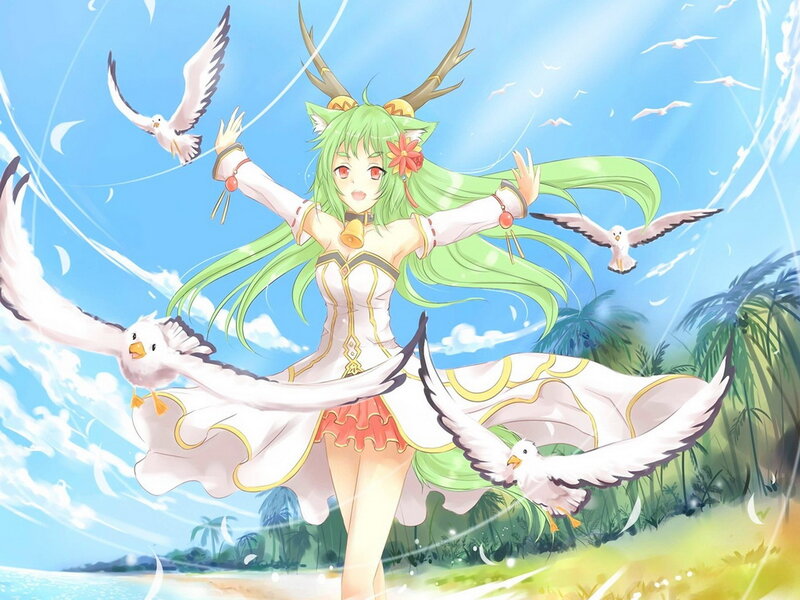 Green-haired Girl with Birds — Blue