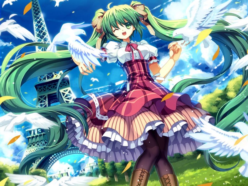 Green-haired Girl with Birds — Green