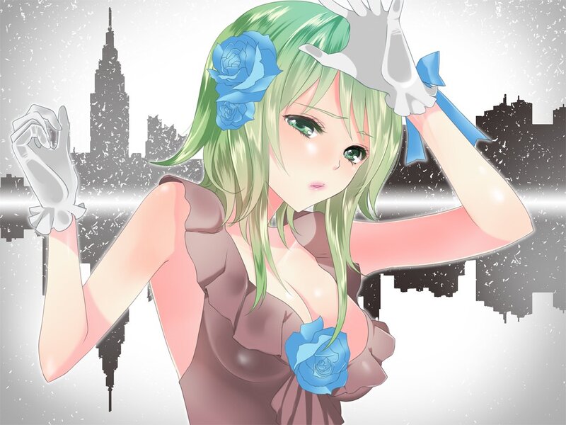 green-haired girl with blue roses