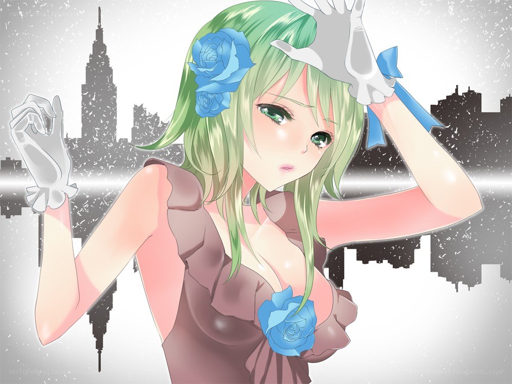 green-haired girl with blue roses