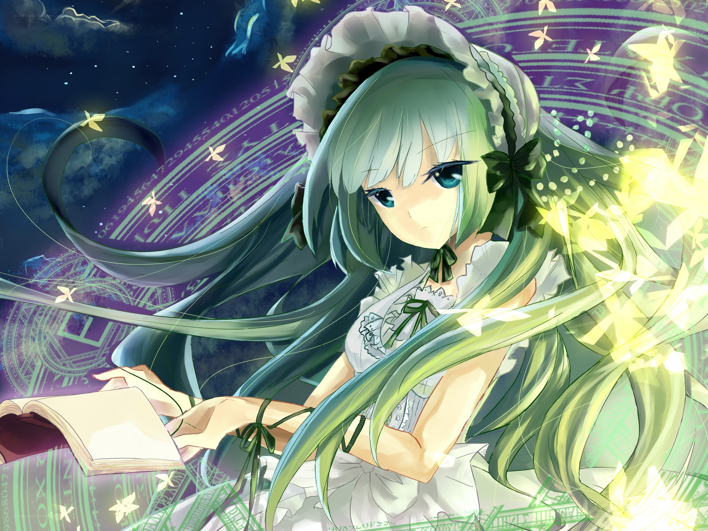 green-haired girl with book