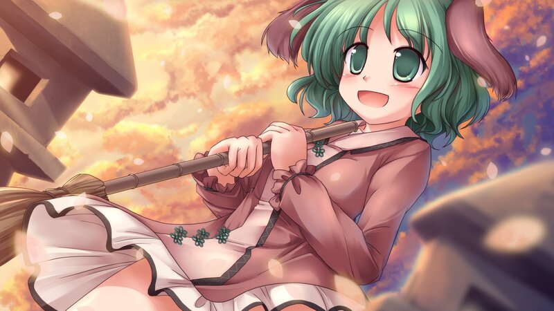 green-haired girl with broom