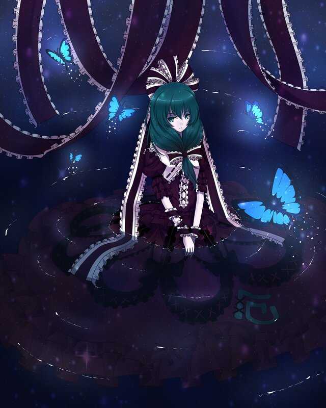 green-haired girl with butterflies