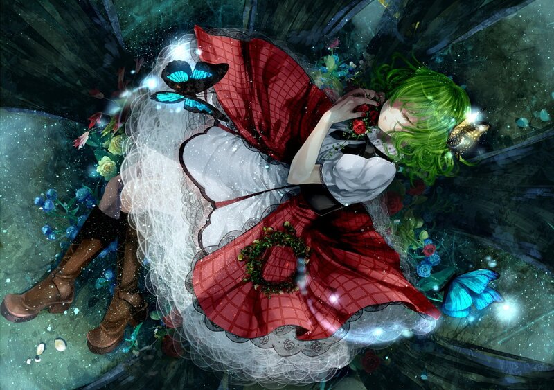 green-haired girl with butterflies