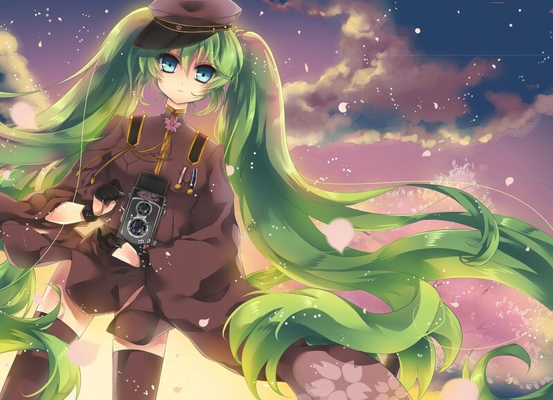 green-haired girl with camera