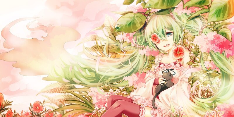 green-haired girl with cat