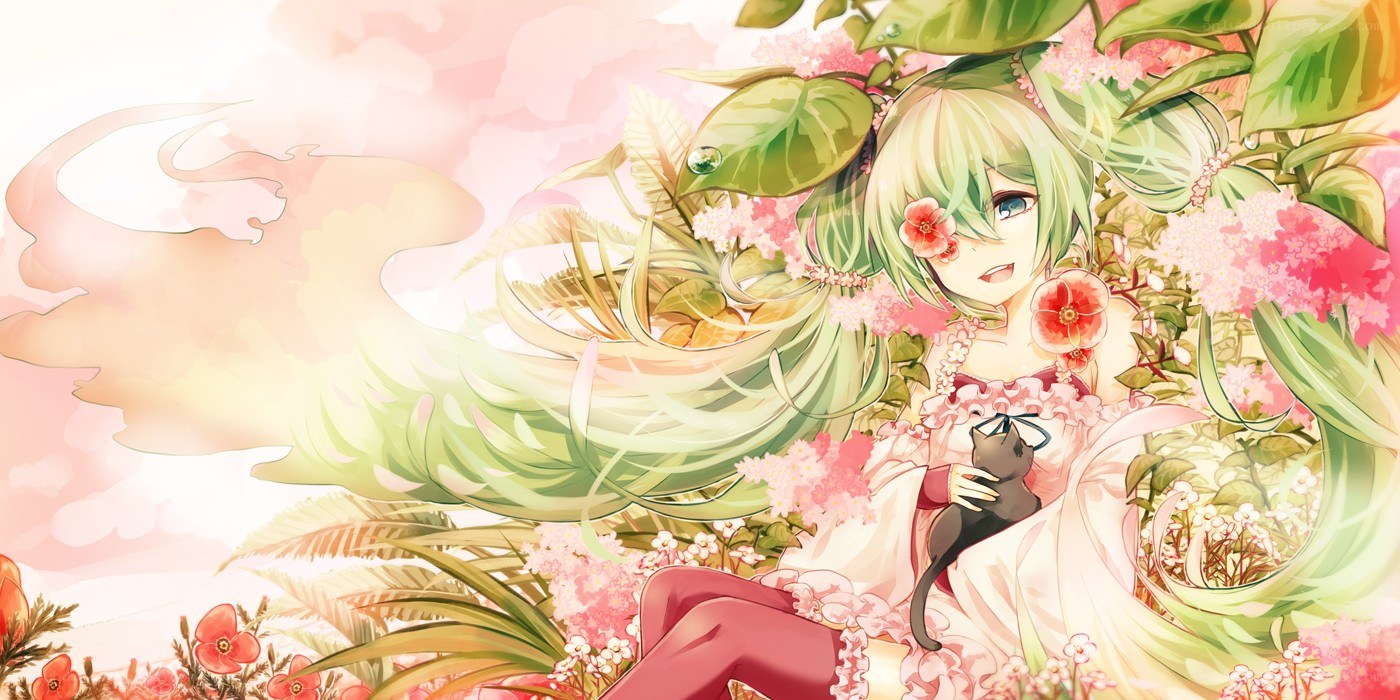 green-haired girl with cat