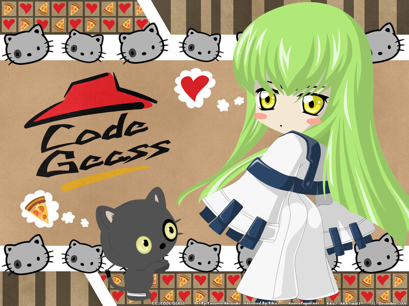Green-haired girl with cat and pizza