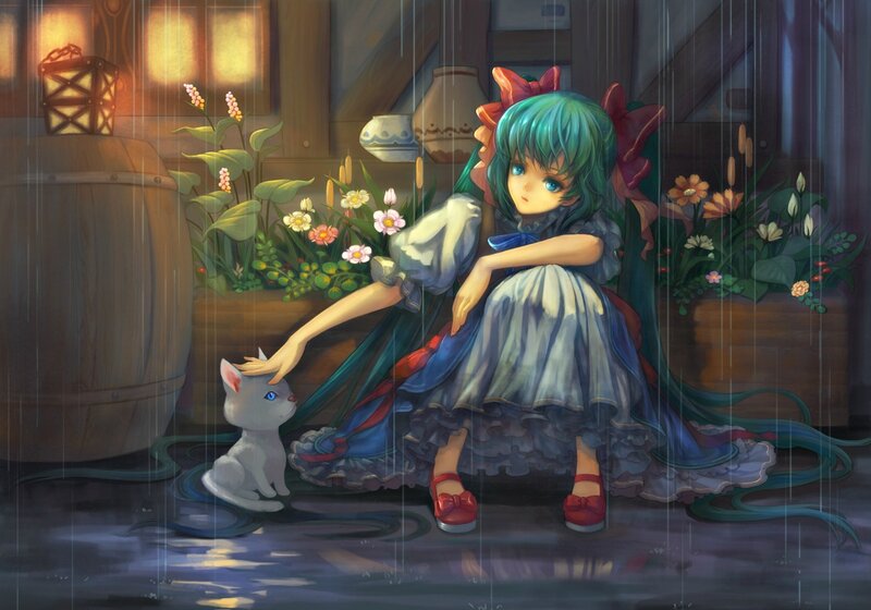Green-haired Girl with Cat — Blue