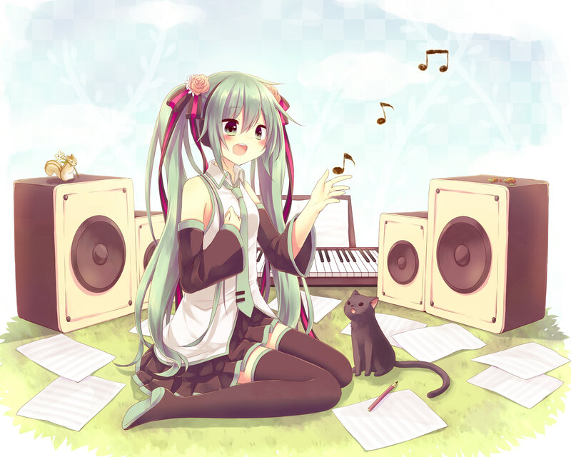 Green-haired Girl with Cat — Green, Playful