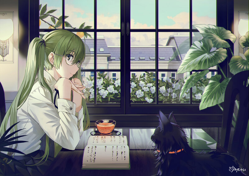 Green-haired Girl with Cat — Green, Serene