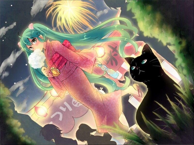 Green-haired Girl with Cat — Green
