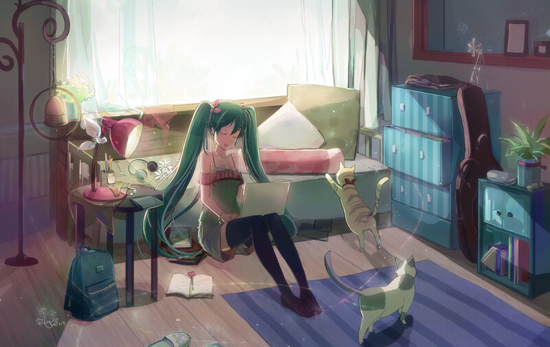 Green-haired Girl with Cats — Green, Serene, Morning