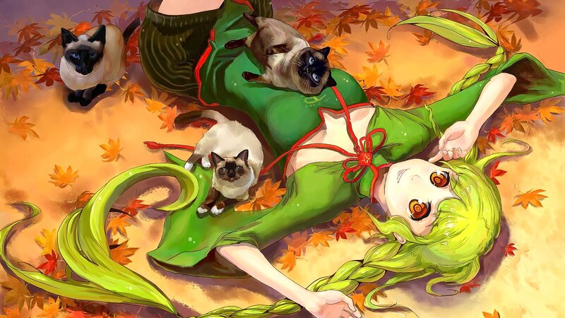Green-haired Girl with Cats — Green, Serene