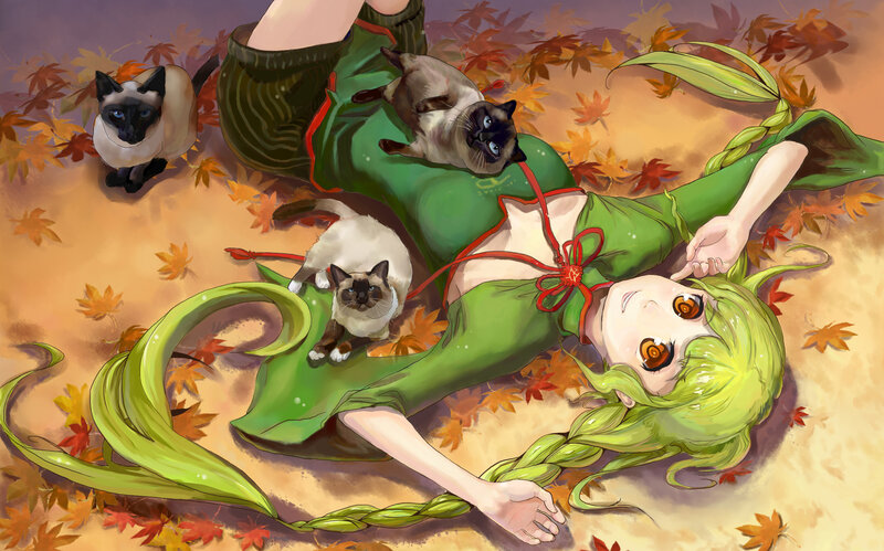 Green-haired Girl with Cats — Green