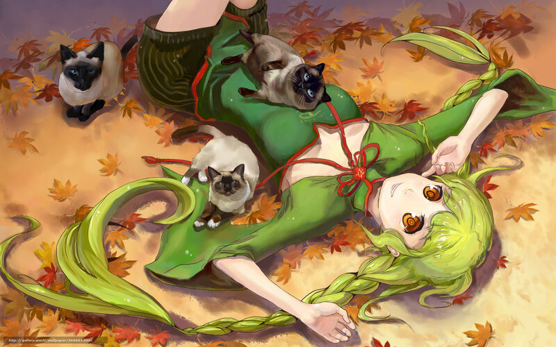Green-haired girl with cats in autumn