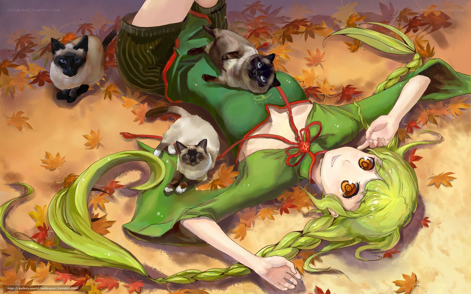 Green-haired girl with cats in autumn