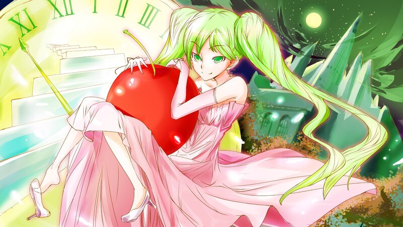 green-haired girl with cherry