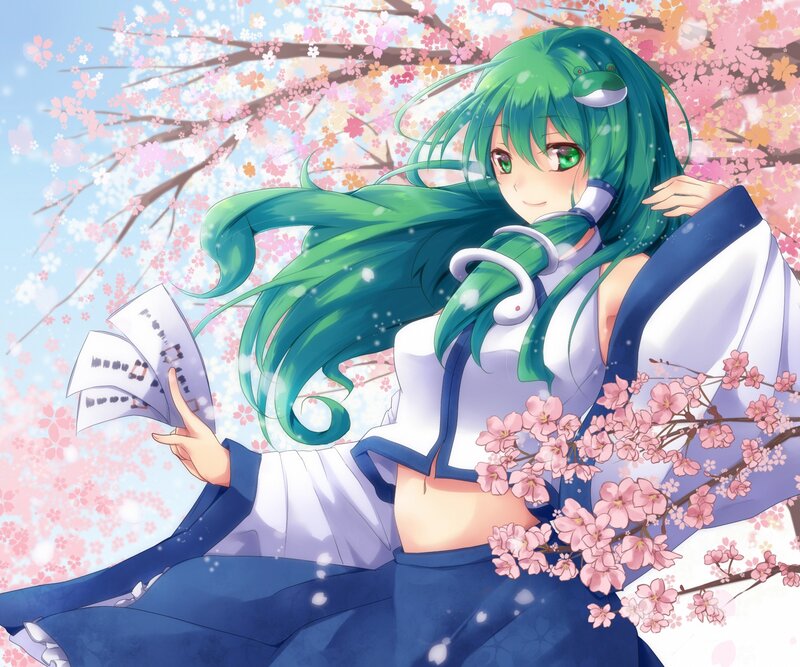 green-haired girl with cherry blossoms