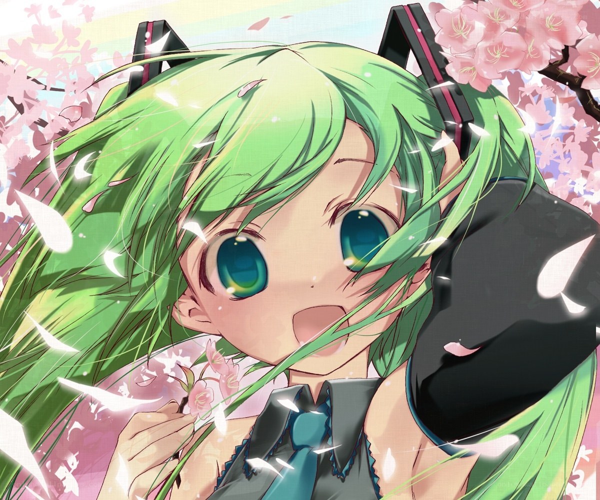 green-haired girl with cherry blossoms