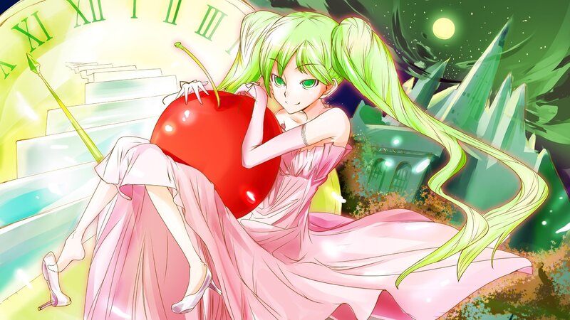green-haired girl with cherry