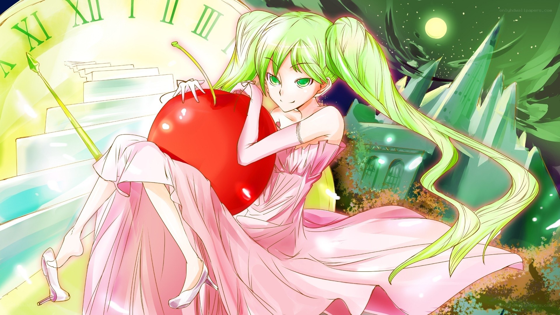 green-haired girl with cherry