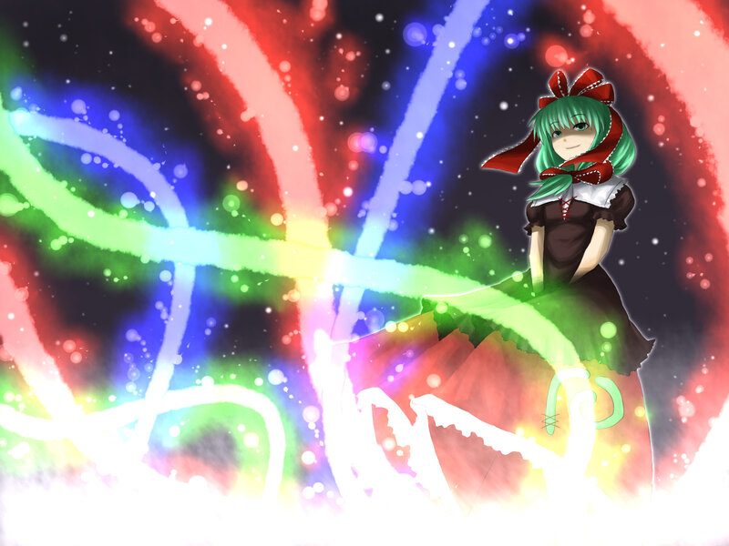 green-haired girl with colorful lights