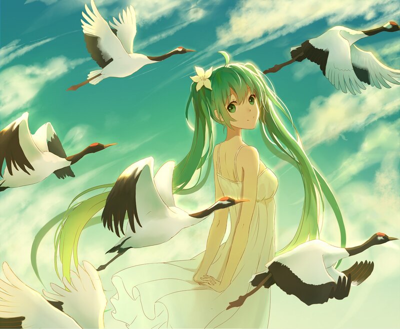 Green-haired Girl with Cranes