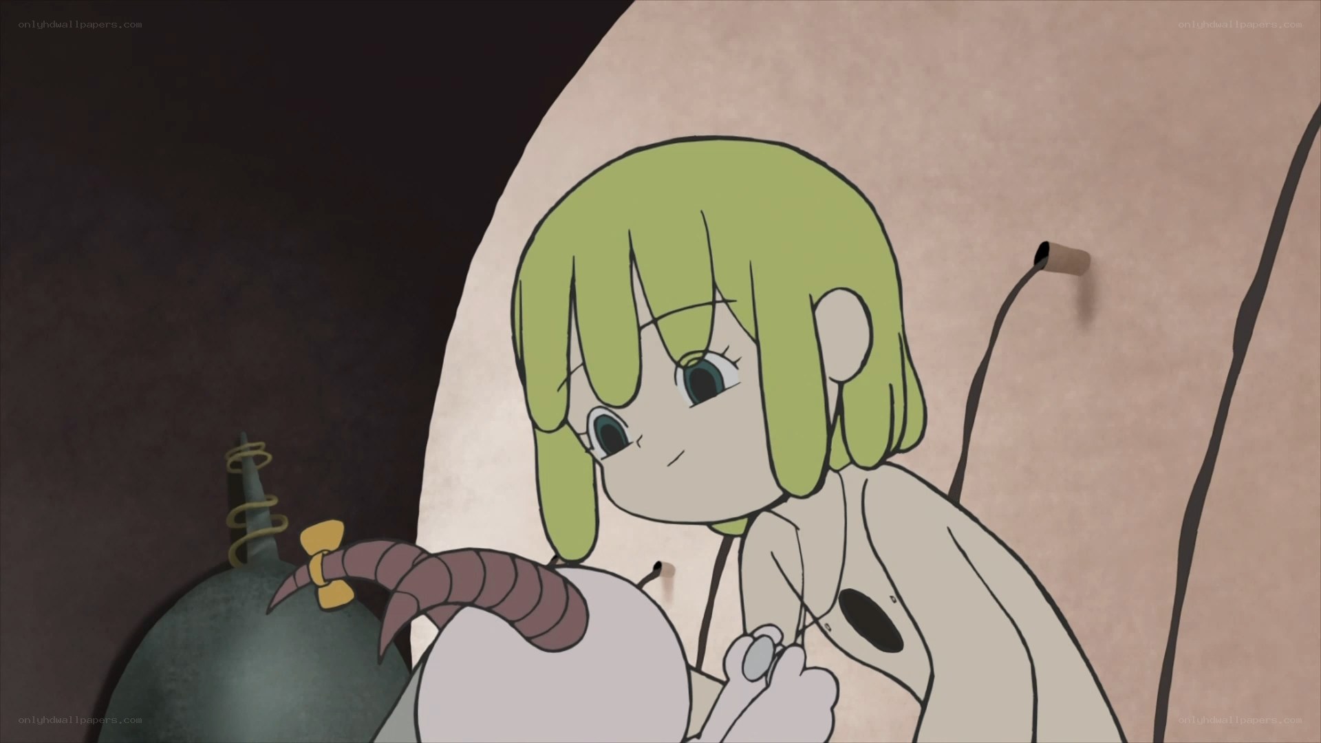 green-haired girl with creature